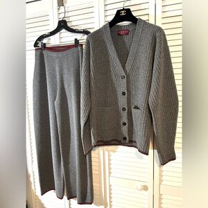 Gucci Grey Rib Knit Cardigan & Pants Set with Red and Green Trim.
